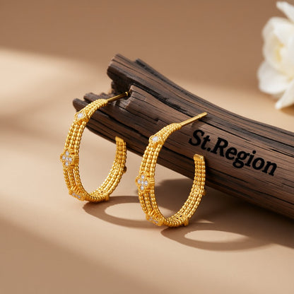 Clear Cubic Zirconia and 18K Gold-Plated Flower Bead Huggie Earrings, gold huggie earrings, front view