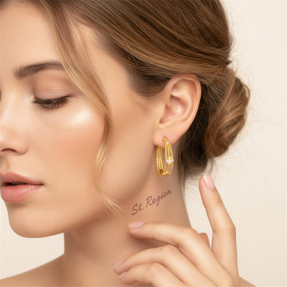 Clear Cubic Zirconia and 18K Gold-Plated Flower Bead Huggie Earrings, gold huggie earrings, styled look
