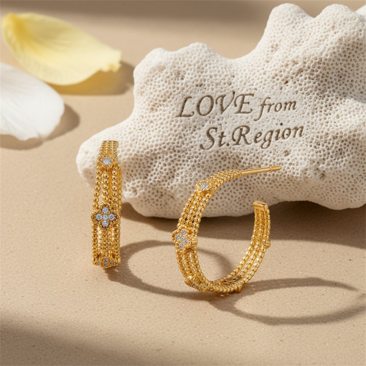 Clear Cubic Zirconia and 18K Gold-Plated Flower Bead Huggie Earrings, gold huggie earrings, lifestyle look