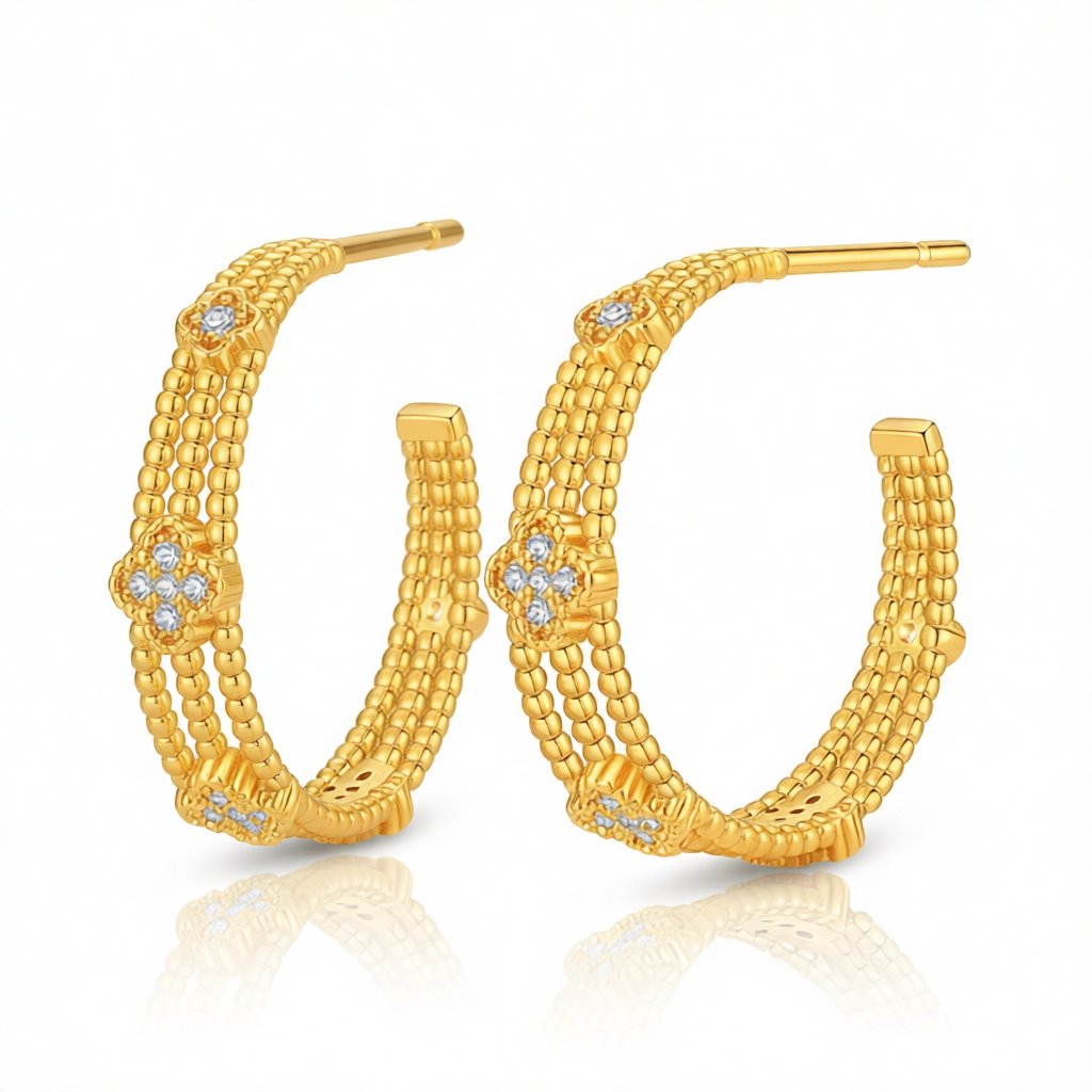 Clear Cubic Zirconia and 18K Gold-Plated Flower Bead Huggie Earrings, gold huggie earrings, side view