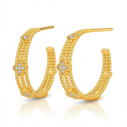 Clear Cubic Zirconia and 18K Gold-Plated Flower Bead Huggie Earrings, gold huggie earrings, side view