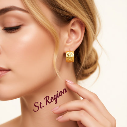 18K Gold-Plated Diamond-Cut Huggie Earrings, gold huggie earrings, vintage-inspired design, styled look