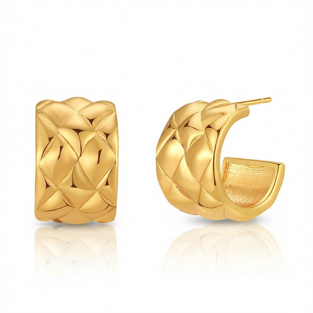 18K Gold-Plated Diamond-Cut Huggie Earrings, gold huggie earrings, vintage-inspired design, side view