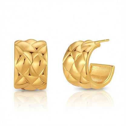 18K Gold-Plated Diamond-Cut Huggie Earrings, gold huggie earrings, vintage-inspired design, side view