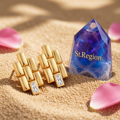 Clear Crystal and 18K Gold-Plated Bricks Drop Earrings, gold drop earrings for women, detail close-up