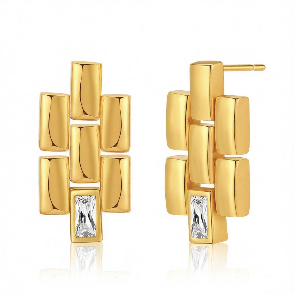 Clear Crystal and 18K Gold-Plated Bricks Drop Earrings, gold drop earrings for women, vintage-inspired design, side view