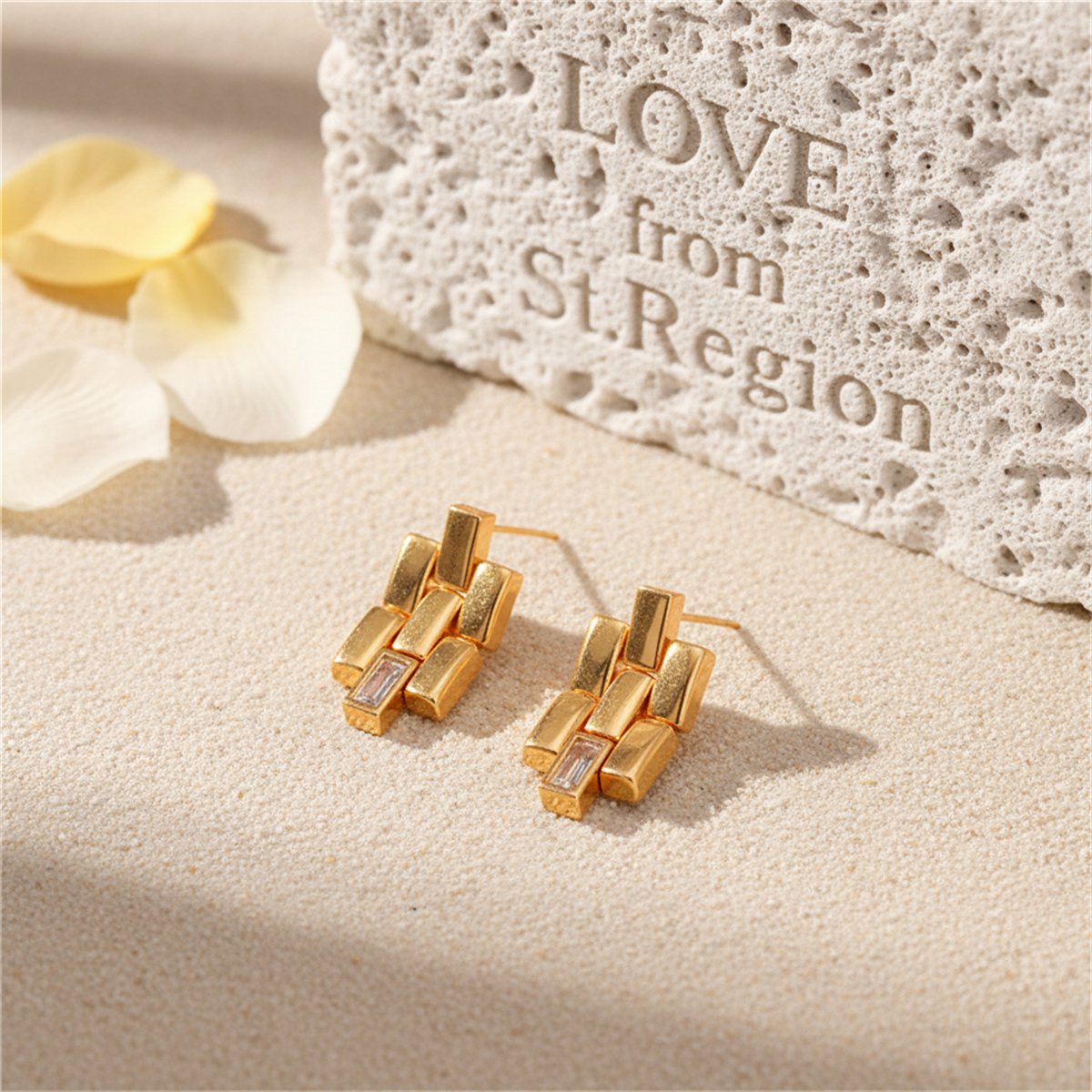 Clear Crystal and 18K Gold-Plated Bricks Drop Earrings, gold drop earrings for women, vintage-inspired design, lifestyle look