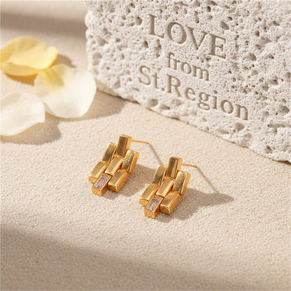 Clear Crystal and 18K Gold-Plated Bricks Drop Earrings, gold drop earrings for women, vintage-inspired design, lifestyle look