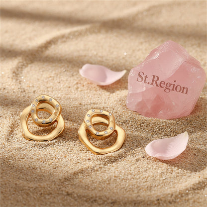 Cubic Zirconia and 18K Gold-Plated Geometric Stack Stud Earrings, gold stud earrings for women, detail close-up