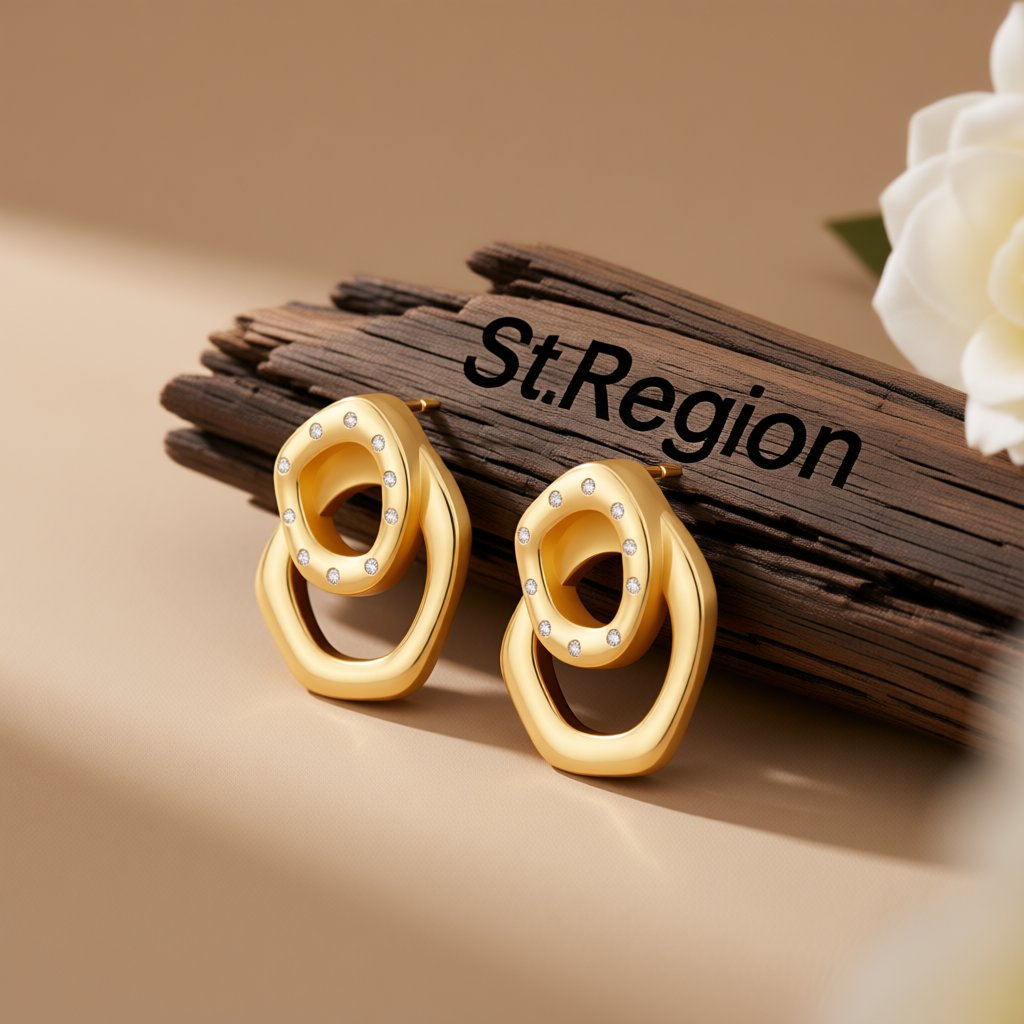 Cubic Zirconia and 18K Gold-Plated Geometric Stack Stud Earrings, gold stud earrings for women, front view