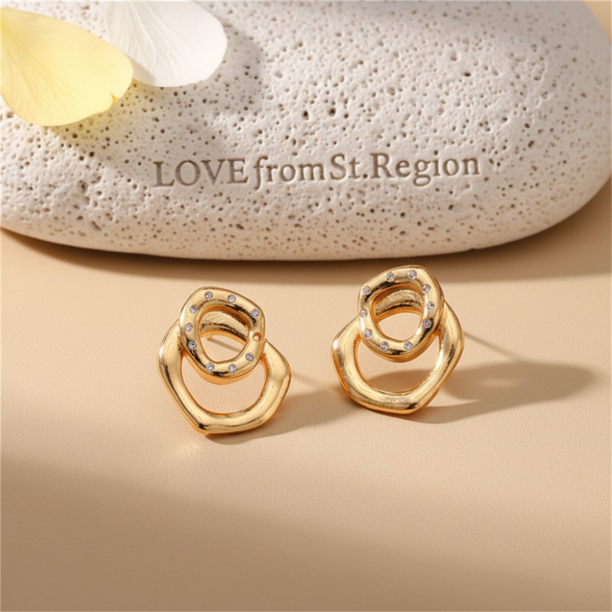 Cubic Zirconia and 18K Gold-Plated Geometric Stack Stud Earrings, gold stud earrings for women, lifestyle look