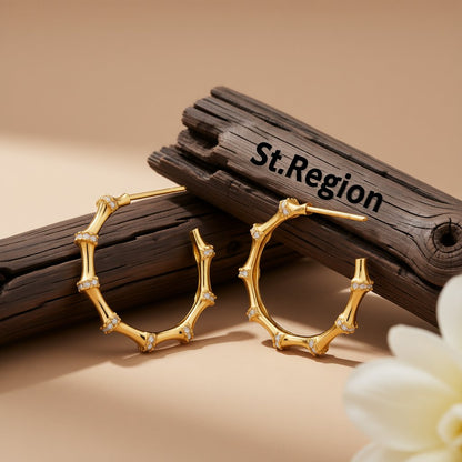 Cubic Zirconia and 18K Gold-Plated Bamboo Hoop Earrings, gold huggie earrings, elegant gift for her, front view