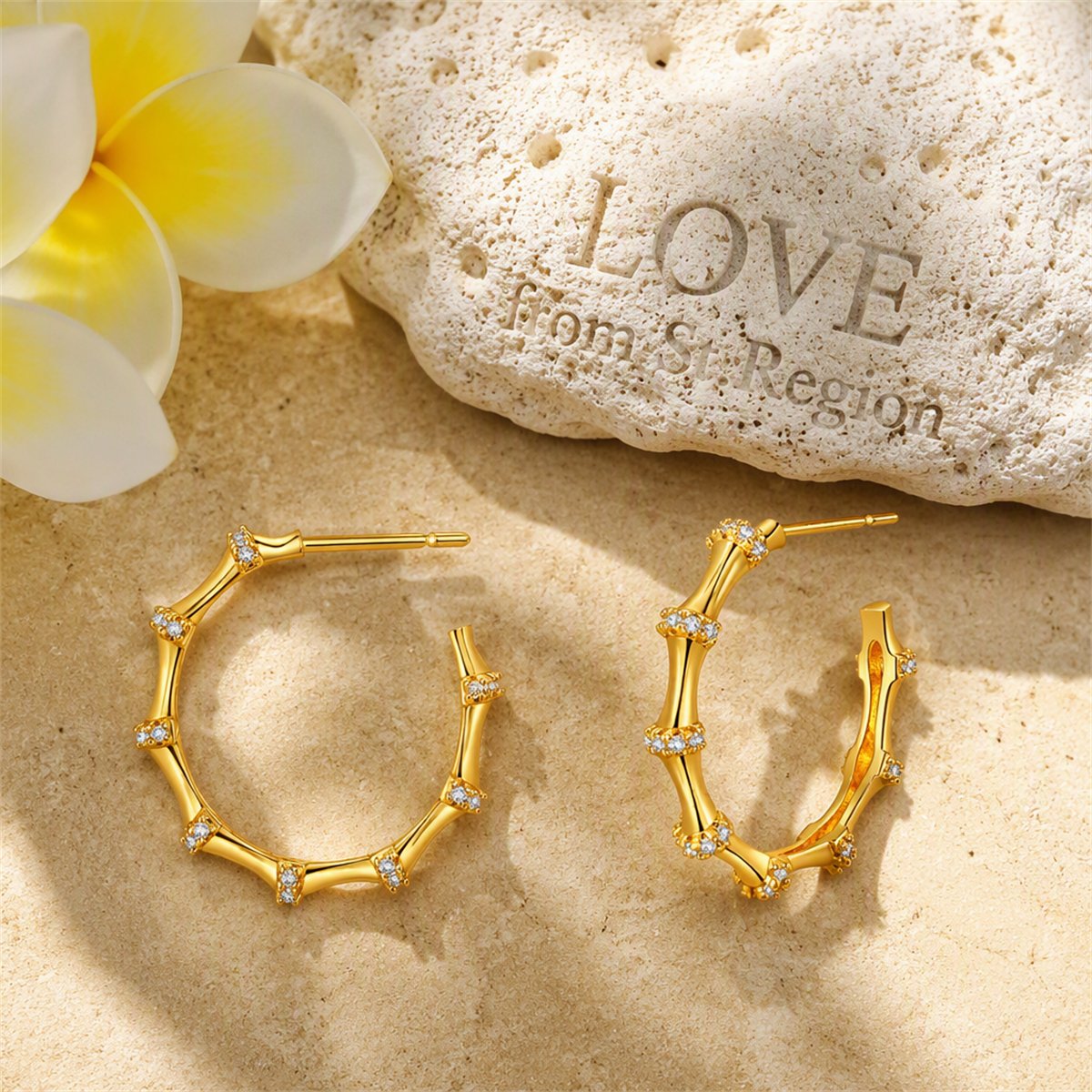 Cubic Zirconia and 18K Gold-Plated Bamboo Hoop Earrings, gold huggie earrings, elegant gift for her, lifestyle look