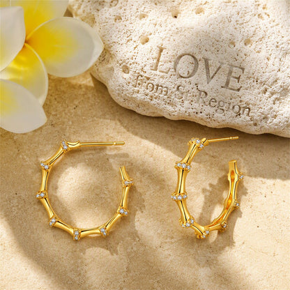 Cubic Zirconia and 18K Gold-Plated Bamboo Hoop Earrings, gold huggie earrings, elegant gift for her, lifestyle look