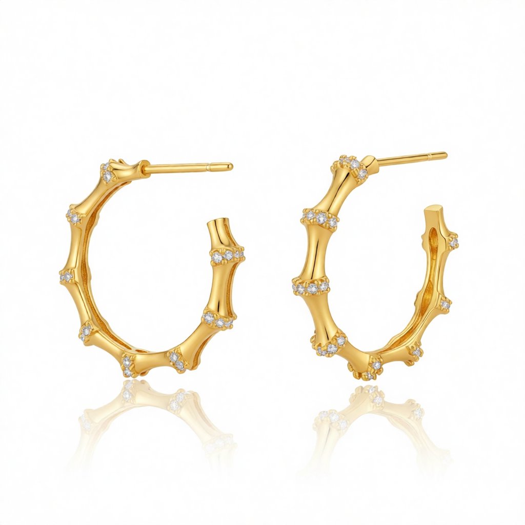 Cubic Zirconia and 18K Gold-Plated Bamboo Hoop Earrings, gold huggie earrings, elegant gift for her, side view