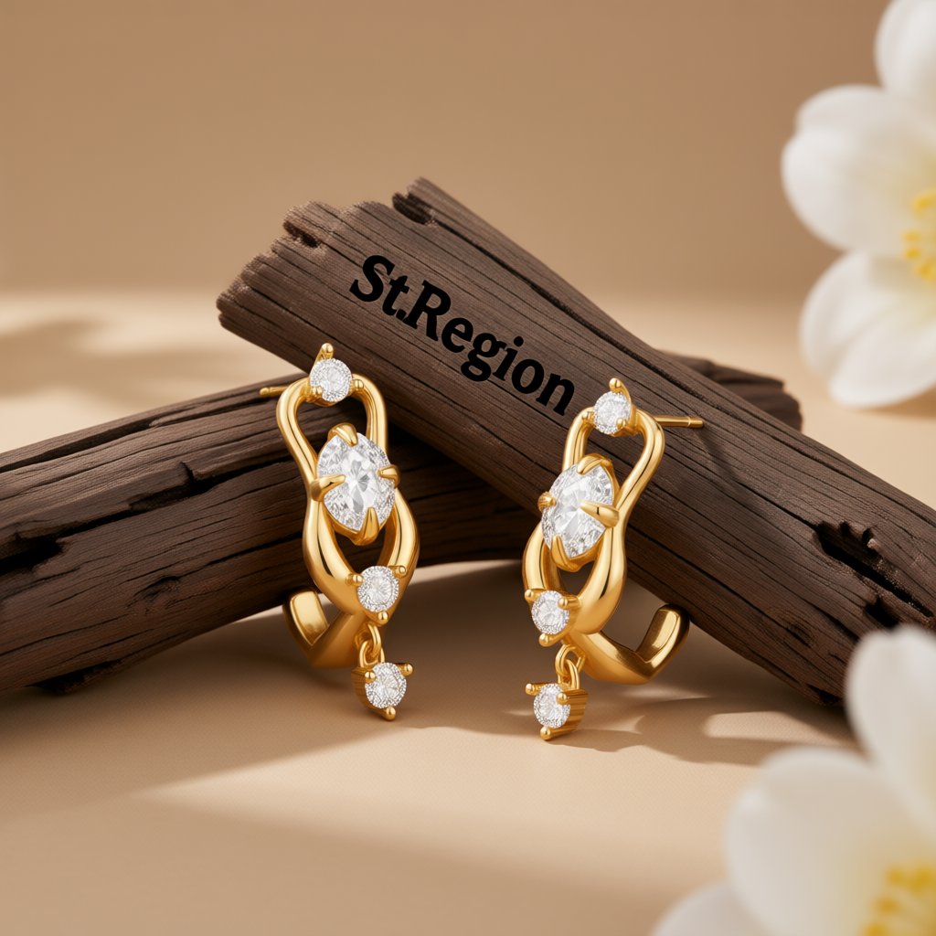 Clear Cubic Zirconia and 18K Gold-Plated Huggie Drop Earrings, gold huggie earrings, everyday style, front view