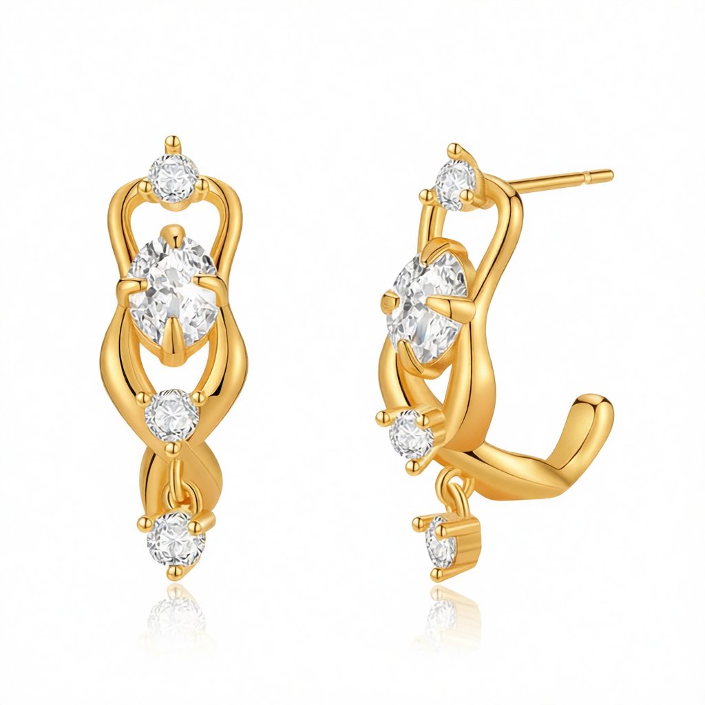 Clear Cubic Zirconia and 18K Gold-Plated Huggie Drop Earrings, gold huggie earrings, everyday style, side view