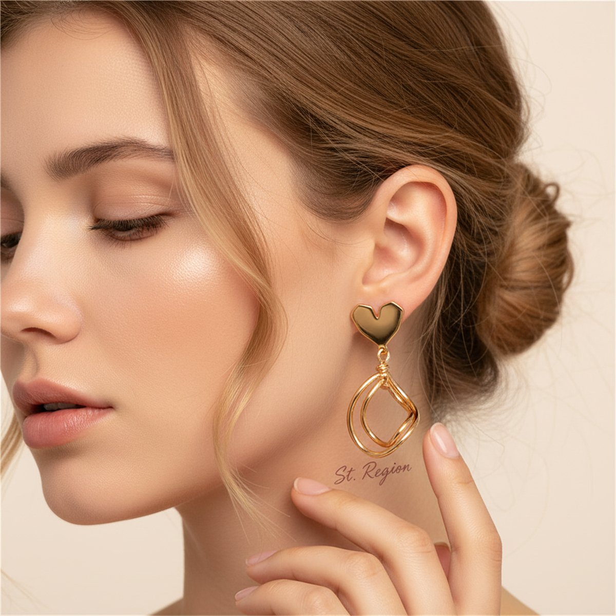 18K Gold-Plated Heart Oval Stack Drop Earrings, gold drop earrings for women, botanical inspired, styled look