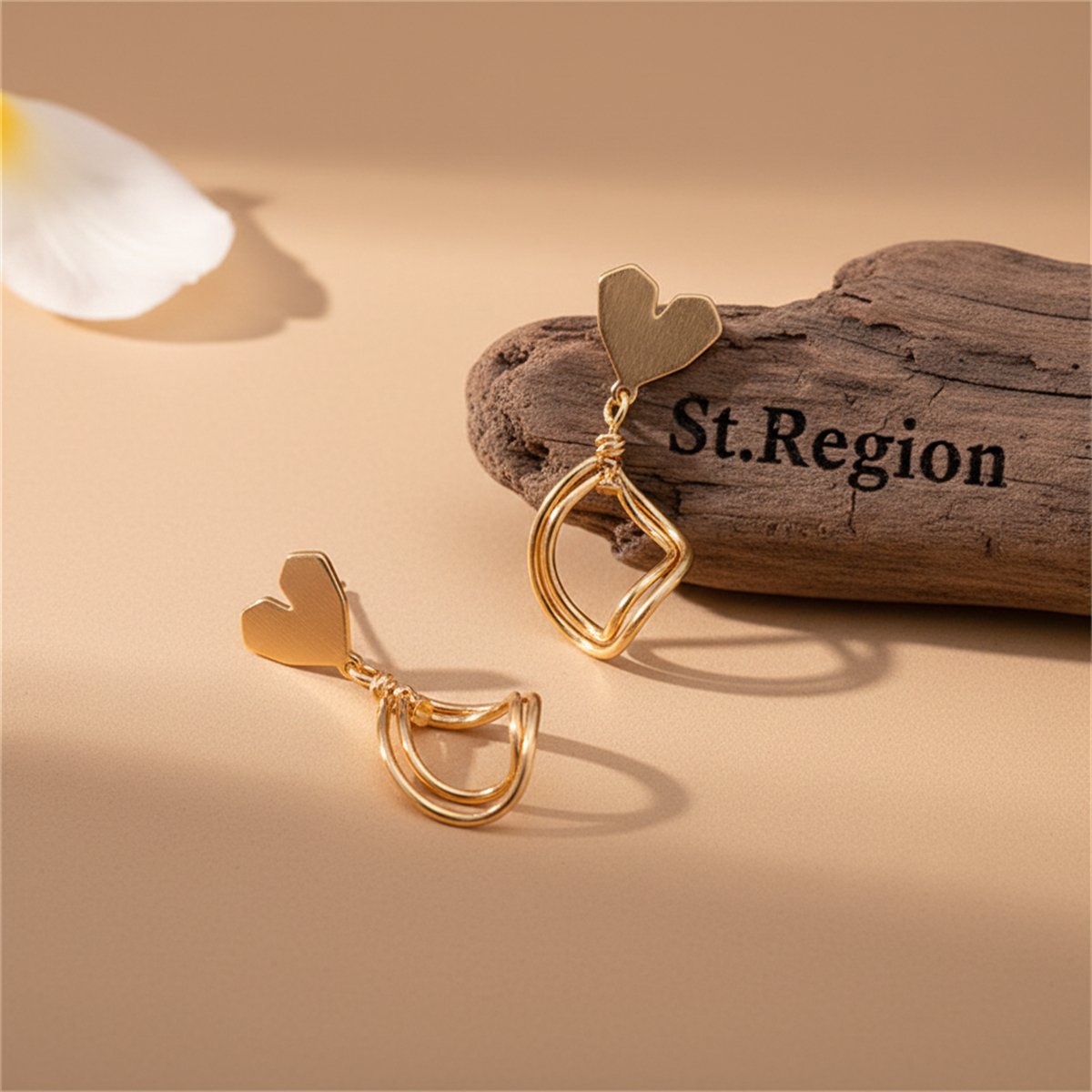 18K Gold-Plated Heart Oval Stack Drop Earrings, gold drop earrings for women, botanical inspired, front view