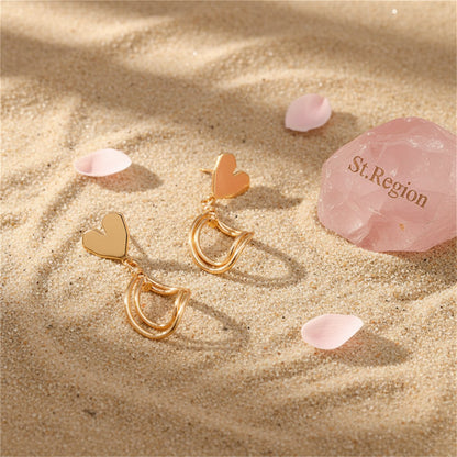 18K Gold-Plated Heart Oval Stack Drop Earrings, gold drop earrings for women, botanical inspired, detail close-up