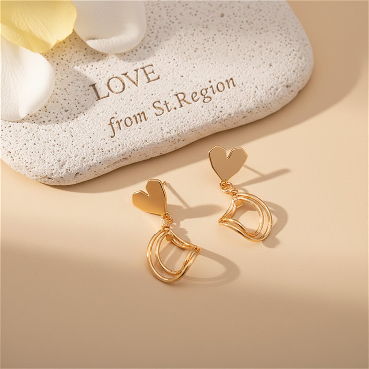 18K Gold-Plated Heart Oval Stack Drop Earrings, gold drop earrings for women, botanical inspired, lifestyle look