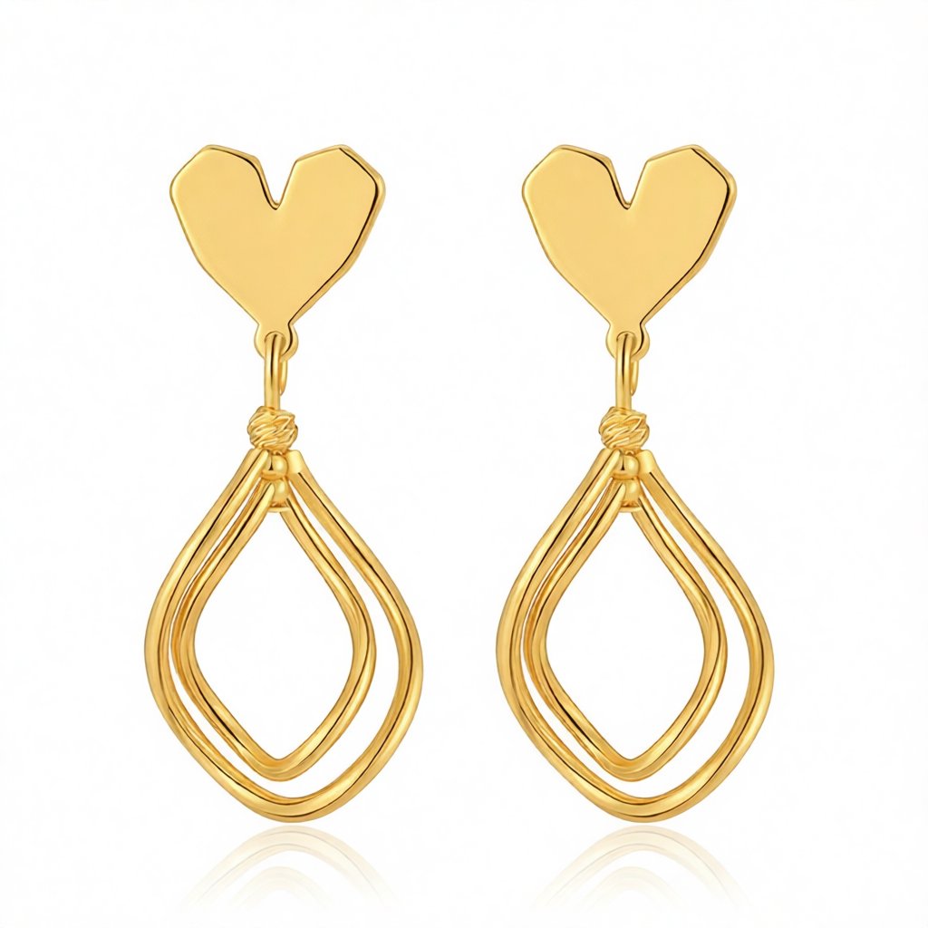 18K Gold-Plated Heart Oval Stack Drop Earrings, gold drop earrings for women, botanical inspired, side view