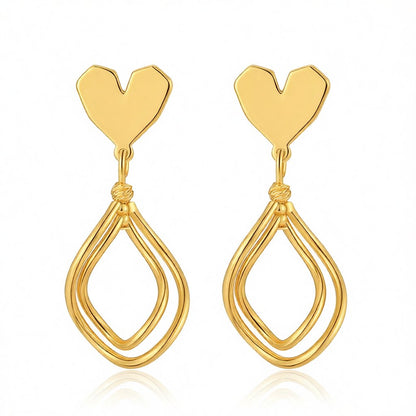 18K Gold-Plated Heart Oval Stack Drop Earrings, gold drop earrings for women, botanical inspired, side view