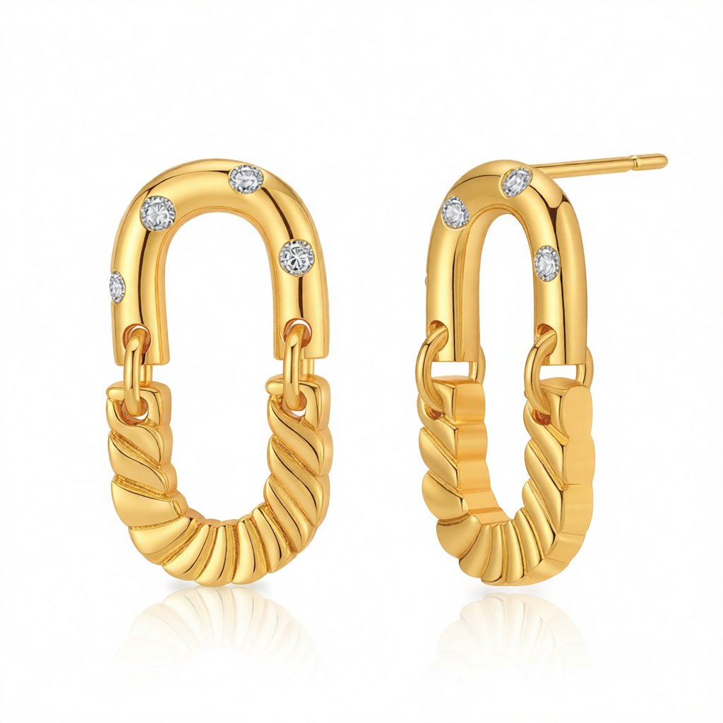 Cubic Zirconia and 18K Gold-Plated Linked Drop Earrings, gold drop earrings for women, elegant gift for her, side view