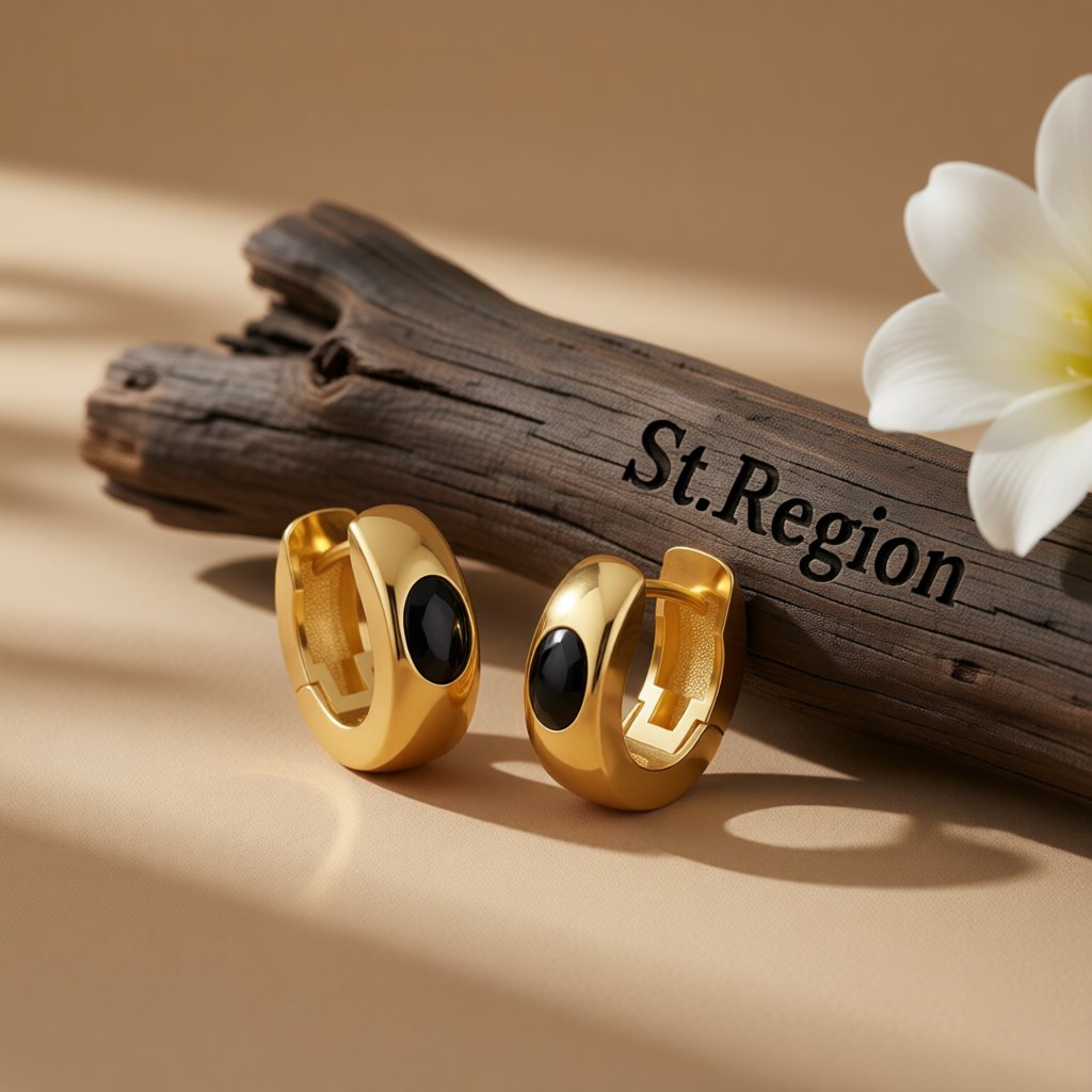 Black Crystal and 18K Gold-Plated Huggie Earrings, gold huggie earrings, vintage-inspired design, front view