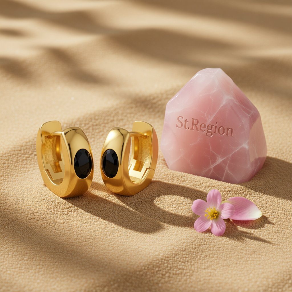 Black Crystal and 18K Gold-Plated Huggie Earrings, gold huggie earrings, vintage-inspired design, detail close-up