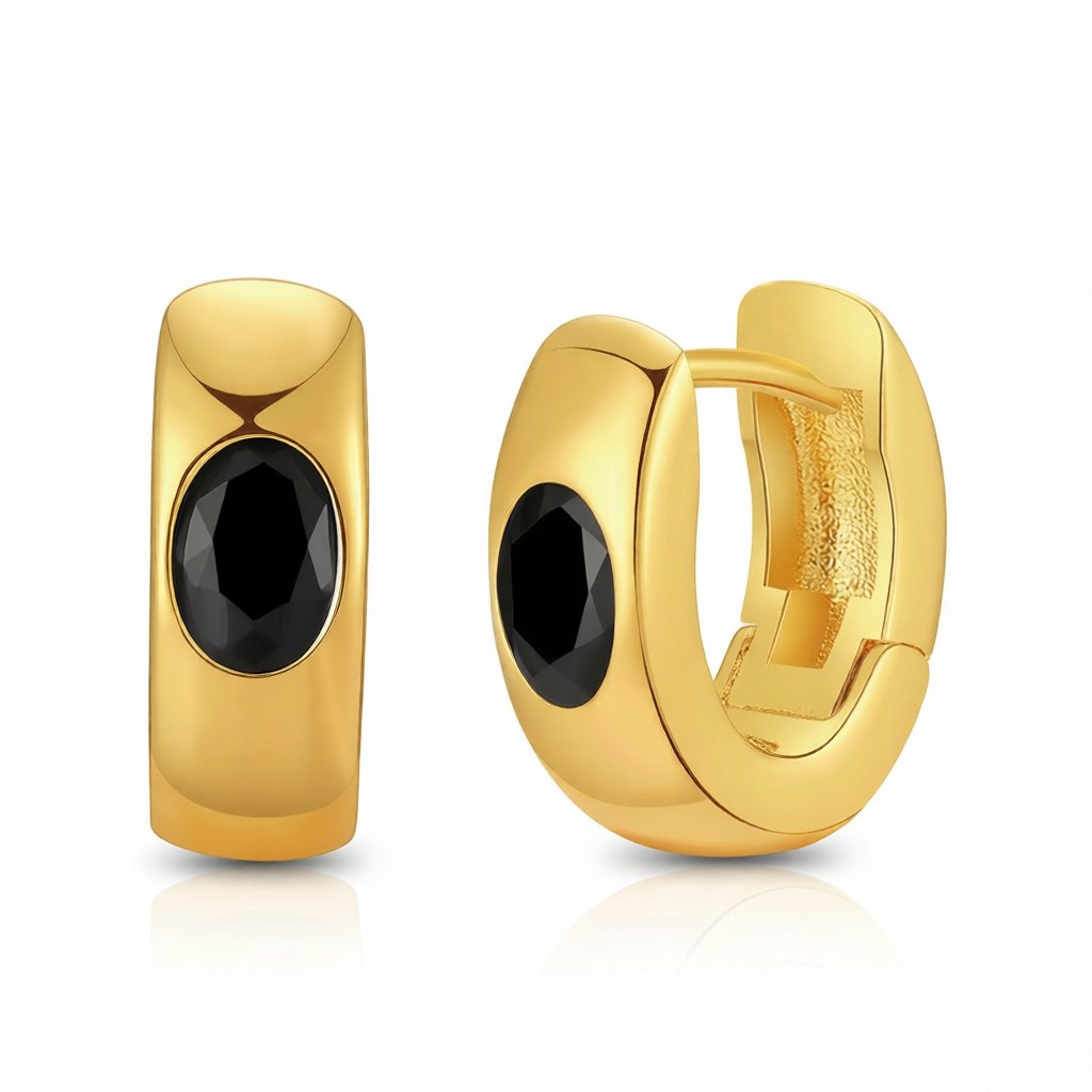 Black Crystal and 18K Gold-Plated Huggie Earrings, gold huggie earrings, vintage-inspired design, side view