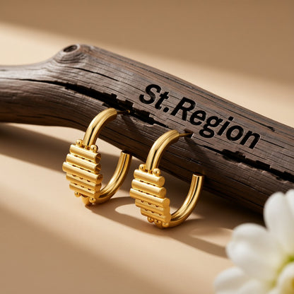 18K Gold-Plated Wood-Structure Oval Huggie Earrings, gold huggie earrings, botanical inspired, front view