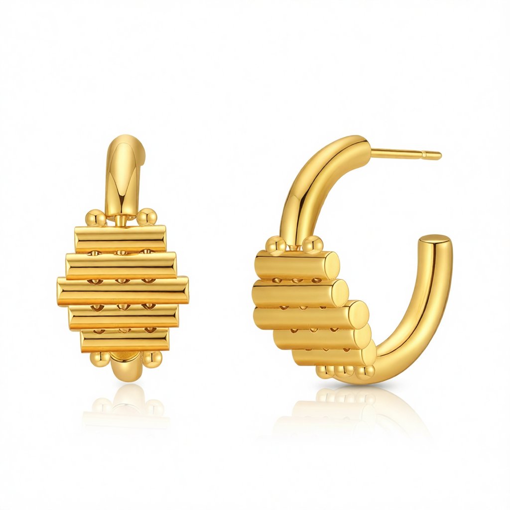 18K Gold-Plated Wood-Structure Oval Huggie Earrings, gold huggie earrings, botanical inspired, side view