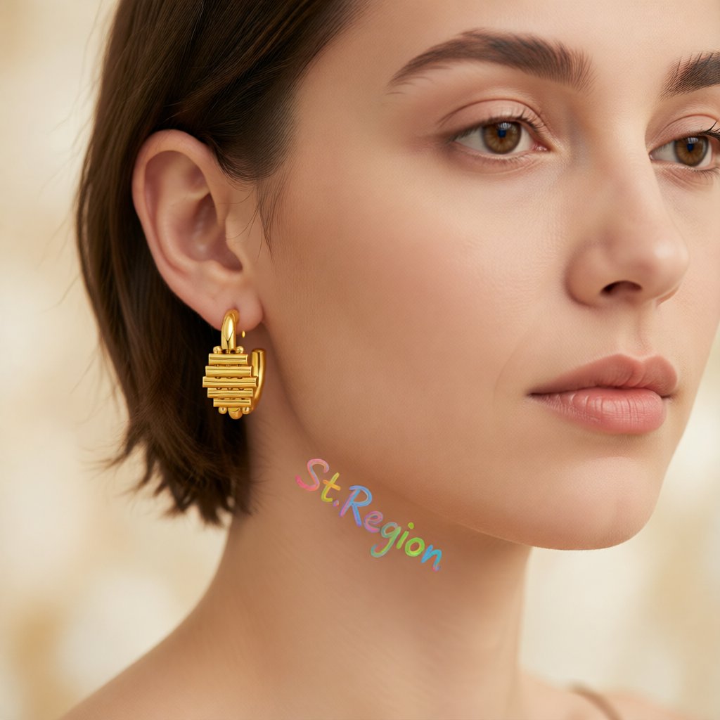 18K Gold-Plated Wood-Structure Oval Huggie Earrings, gold huggie earrings, botanical inspired, styled look
