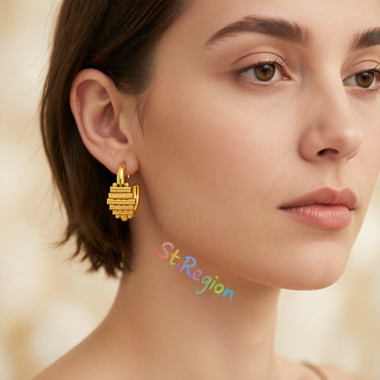 18K Gold-Plated Wood-Structure Oval Huggie Earrings, gold huggie earrings, botanical inspired, styled look