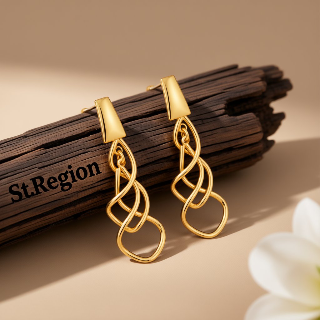 18K Gold-Plated Twisted Drop Earrings, gold drop earrings for women, botanical inspired, front view