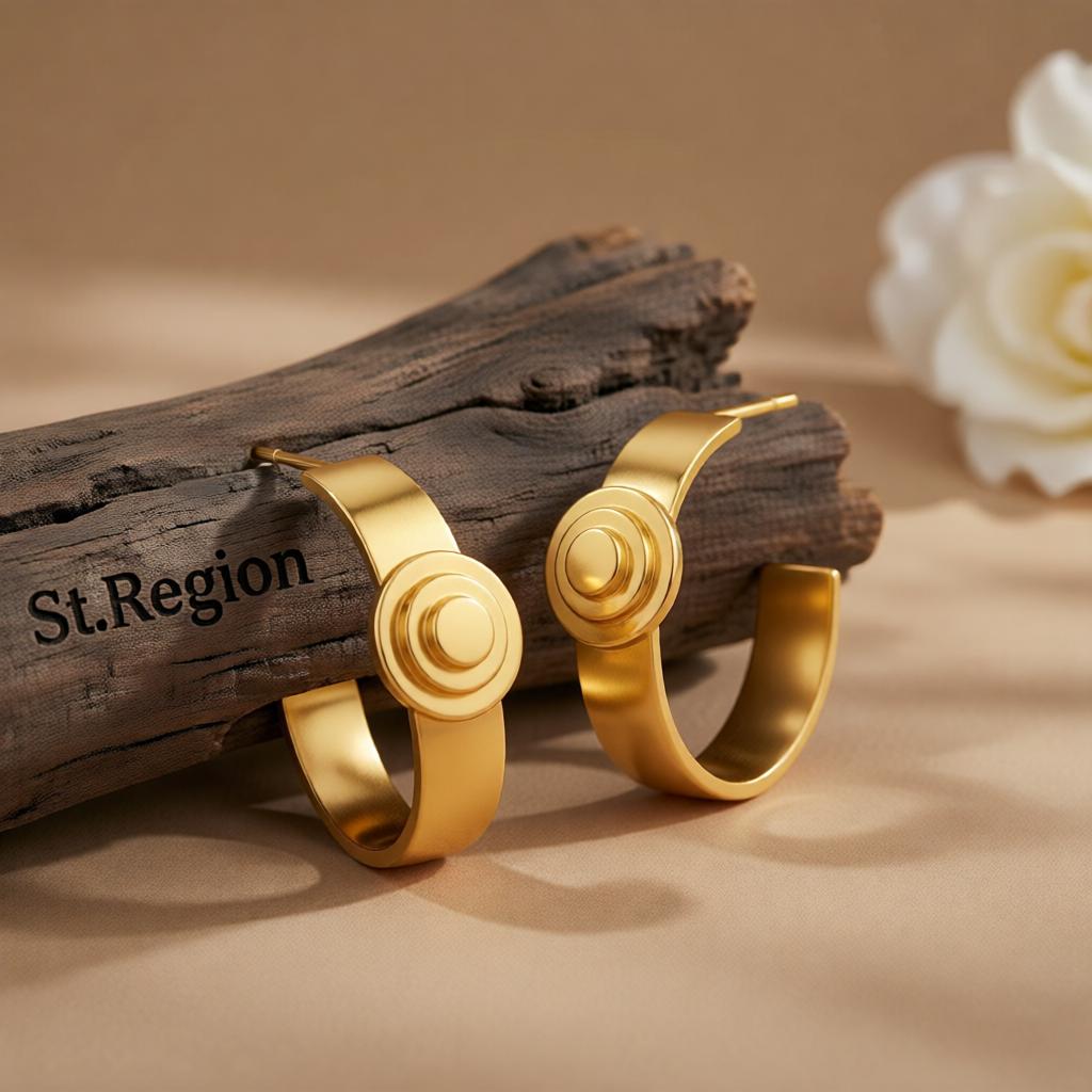 18K Gold-Plated Button Huggie Earrings, gold huggie earrings, vintage-inspired design, front view
