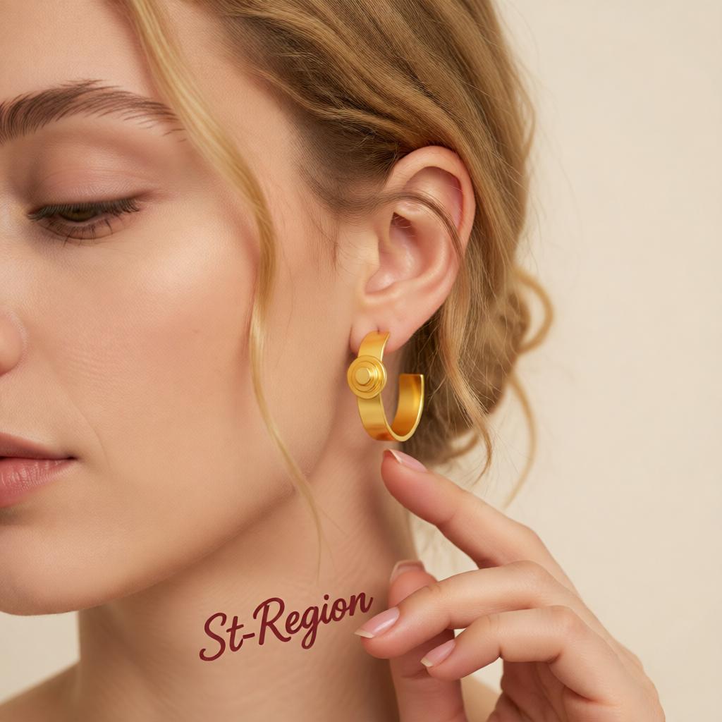 18K Gold-Plated Button Huggie Earrings, gold huggie earrings, vintage-inspired design, styled look