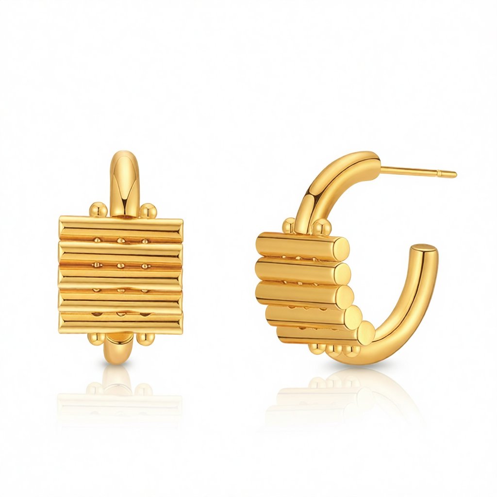 18K Gold-Plated Wood Structure Hoop Earrings, gold huggie earrings, elegant gift for her, side view