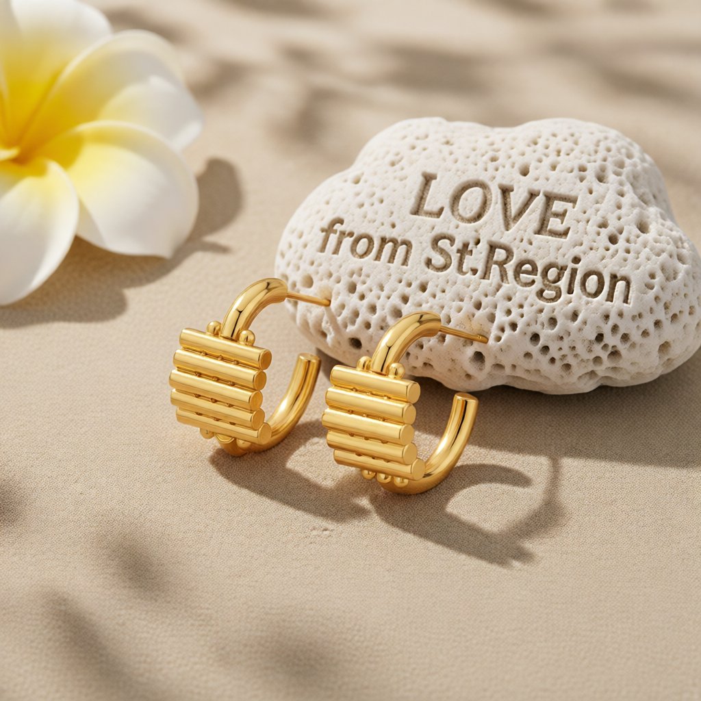 18K Gold-Plated Wood Structure Hoop Earrings, gold huggie earrings, elegant gift for her, lifestyle look
