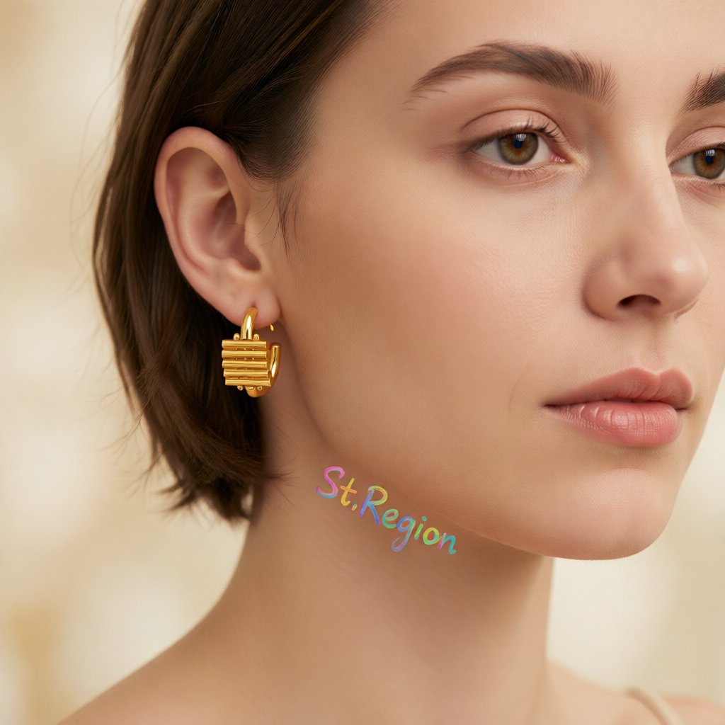 18K Gold-Plated Wood Structure Hoop Earrings, gold huggie earrings, elegant gift for her, styled look