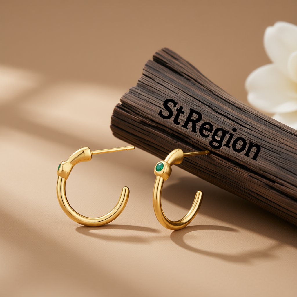 Green Cubic Zirconia and 18K Gold-Plated Huggie Earrings, gold huggie earrings, botanical inspired, front view