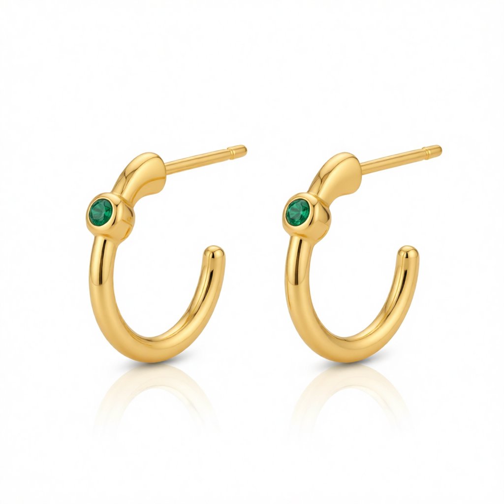 Green Cubic Zirconia and 18K Gold-Plated Huggie Earrings, gold huggie earrings, botanical inspired, side view