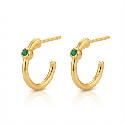 Green Cubic Zirconia and 18K Gold-Plated Huggie Earrings, gold huggie earrings, botanical inspired, side view