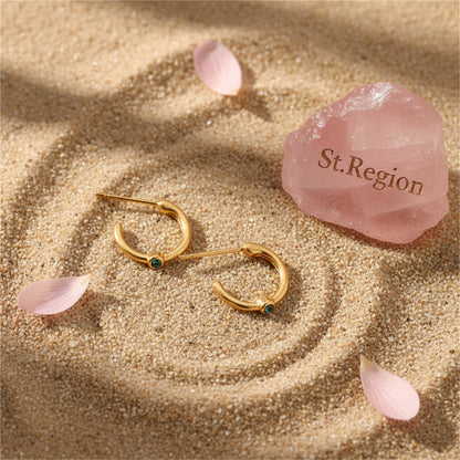 Green Cubic Zirconia and 18K Gold-Plated Huggie Earrings, gold huggie earrings, botanical inspired, detail close-up