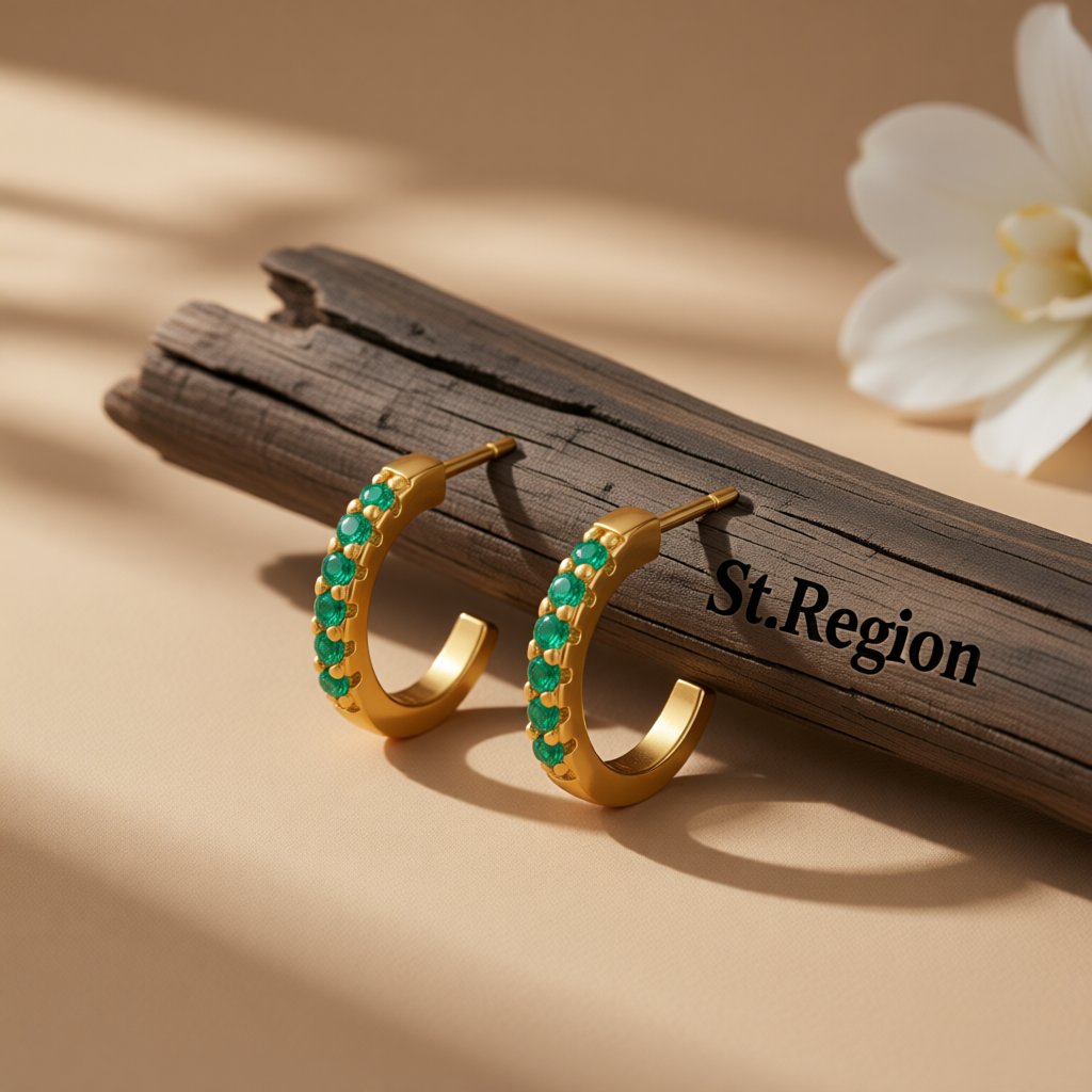 Green Cubic Zirconia and 18K Gold-Plated Huggie Earrings, gold huggie earrings, vintage-inspired design, front view