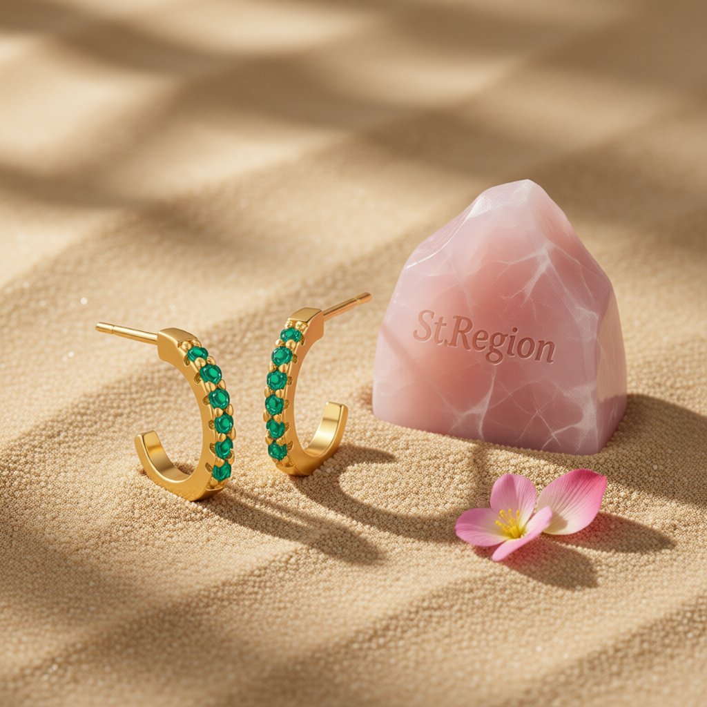 Green Cubic Zirconia and 18K Gold-Plated Huggie Earrings, gold huggie earrings, vintage-inspired design, detail close-up