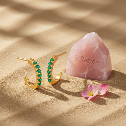 Green Cubic Zirconia and 18K Gold-Plated Huggie Earrings, gold huggie earrings, vintage-inspired design, detail close-up