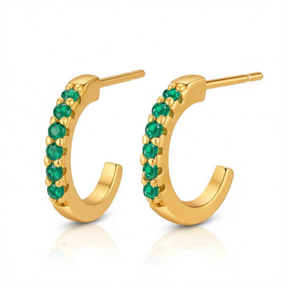 Green Cubic Zirconia and 18K Gold-Plated Huggie Earrings, gold huggie earrings, vintage-inspired design, side view
