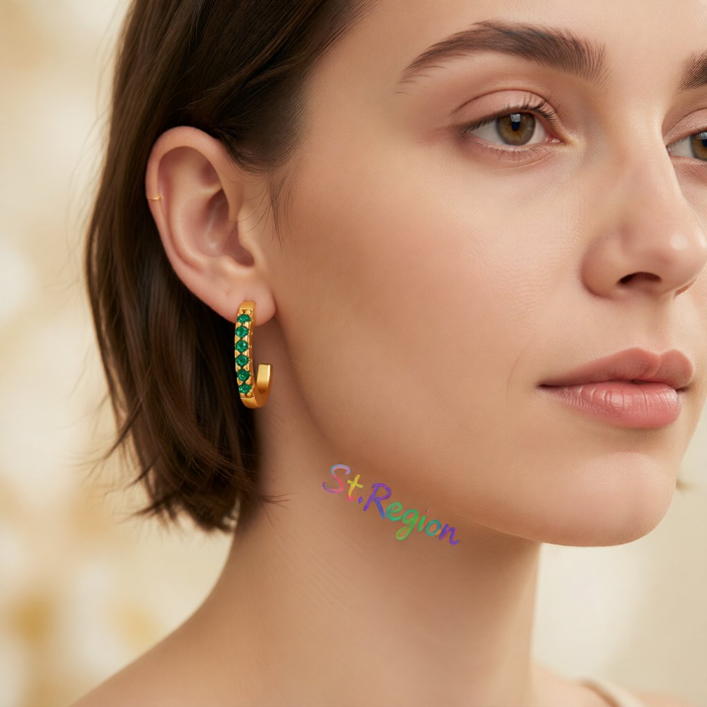 Green Cubic Zirconia and 18K Gold-Plated Huggie Earrings, gold huggie earrings, vintage-inspired design, styled look